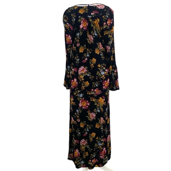 Natural Life Boho Long Bell Sleeve Side Slit Rayon Black Floral Maxi Dress - Picture 12 of 13